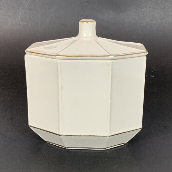 Kassatex St Honore Lidded Cotton Jar White Gold Oval Ceramic Bathroom Decor - Picture 1 of 6